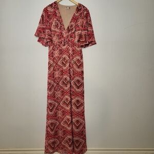 KUT From The Kloth Deep V-Neck Flare Pleated Empire Waist Maxi Dress Red Size 6